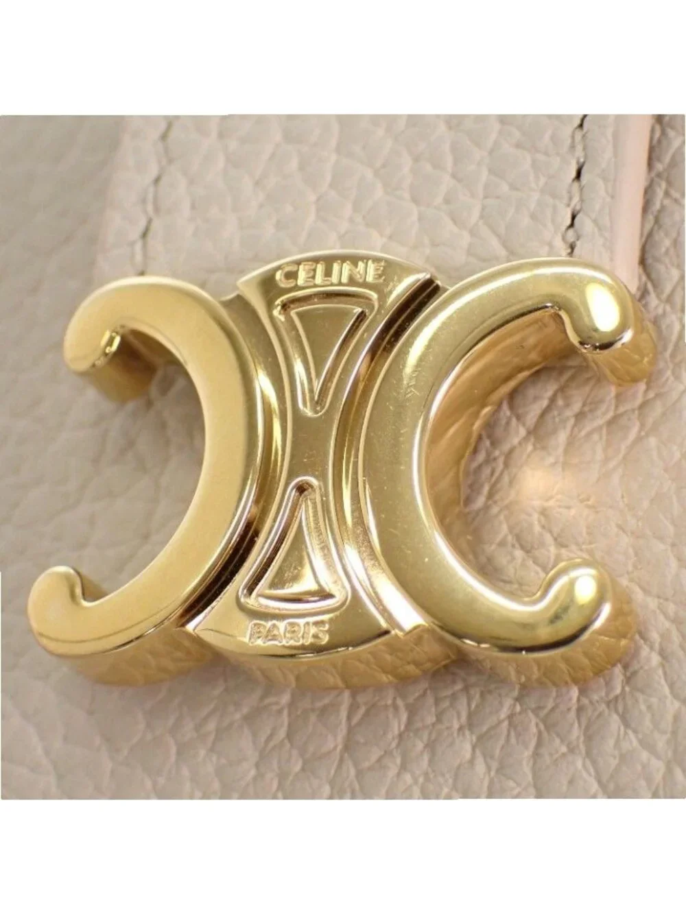 Celine Fine Strap Wallet Trifold Calfskin Beige Cream Triomphe Gold Included